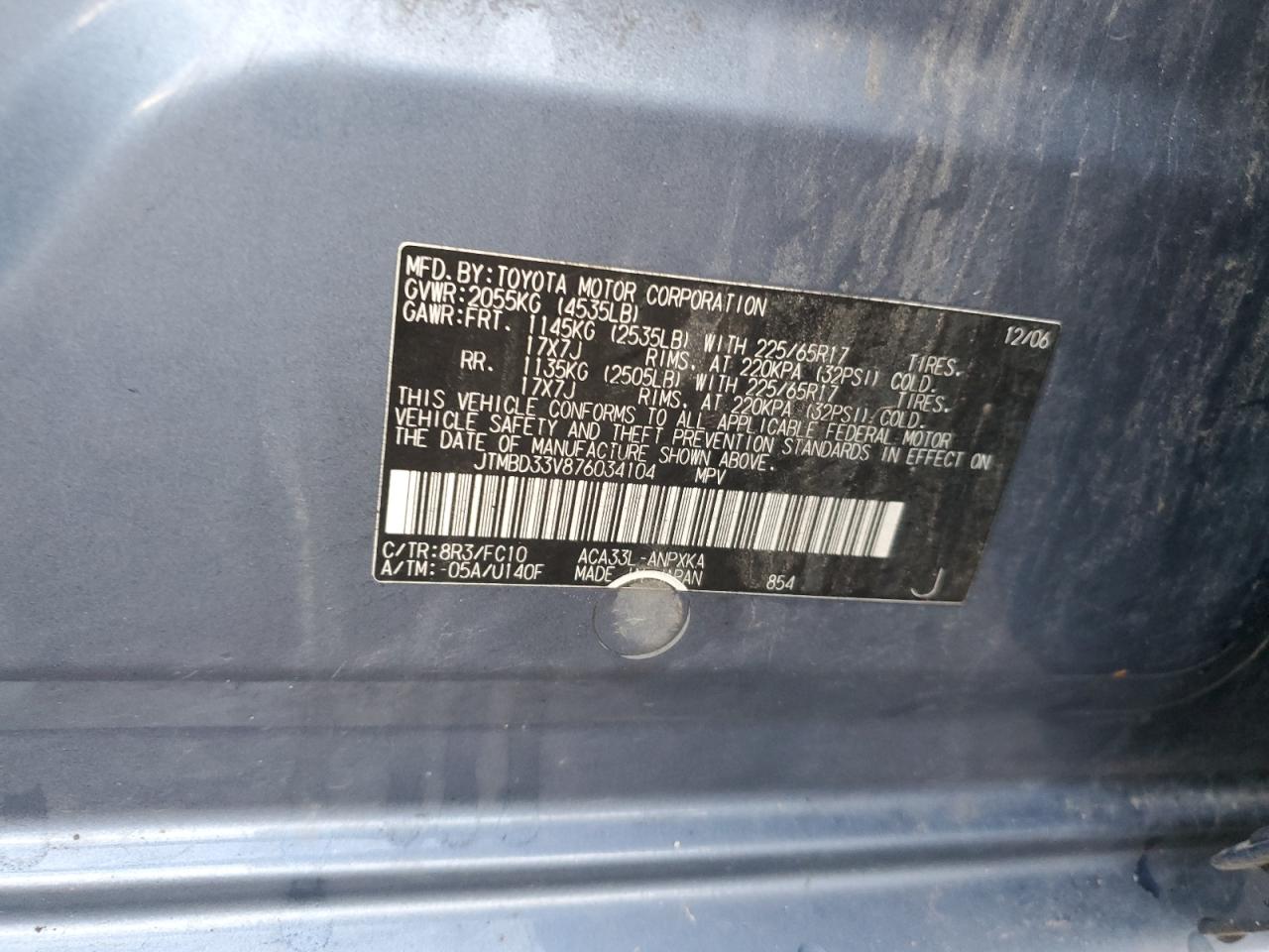 2007 Toyota Rav4 VIN: JTMBD33V876034104 Lot: 93681355