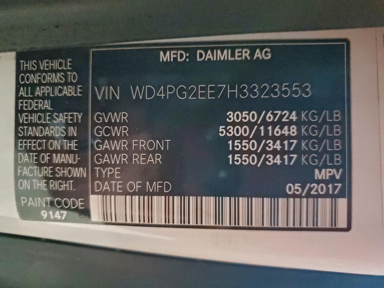 2017 Mercedes-Benz Metris VIN: WD4PG2EE7H3323553 Lot: 94107515