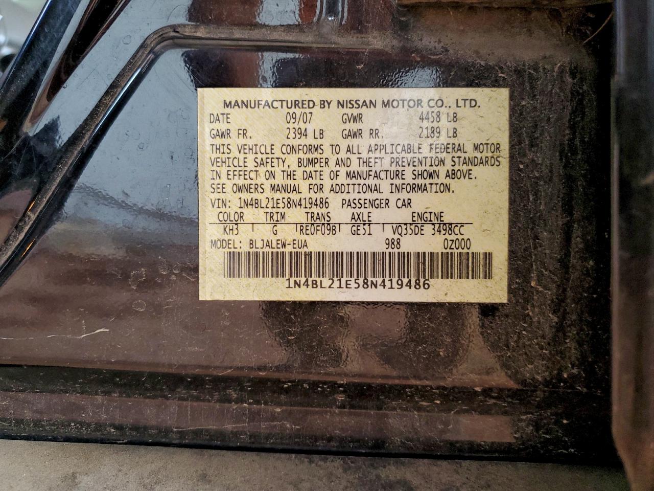 2008 Nissan Altima 3.5Se VIN: 1N4BL21E58N419486 Lot: 94573925