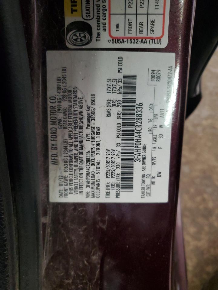 2012 Ford Fusion Se VIN: 3FAHP0HA4CR288336 Lot: 92392875