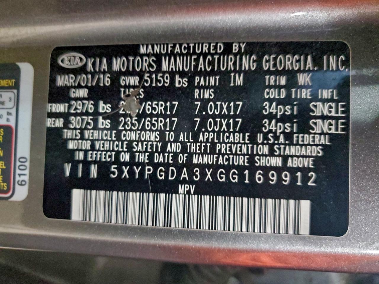 2016 Kia Sorento Lx VIN: 5XYPGDA3XGG169912 Lot: 94783675