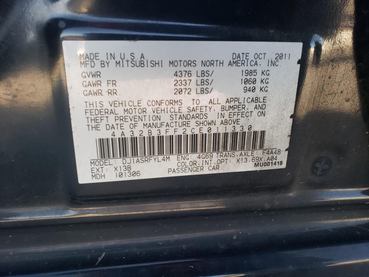 2012 Mitsubishi Galant Es VIN: 4A32B3FF2CE011330 Lot: 92133945