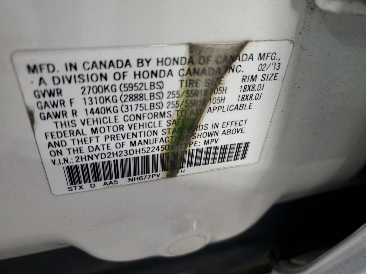 2013 Acura Mdx VIN: 2HNYD2H23DH522450 Lot: 93421035