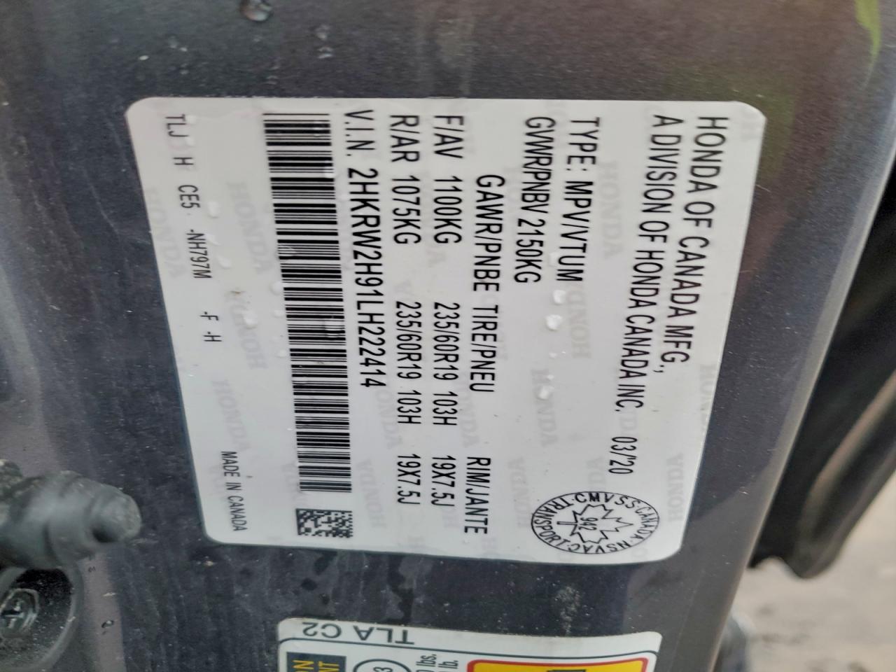 2020 Honda Cr-V Touring VIN: 2HKRW2H91LH222414 Lot: 93089565