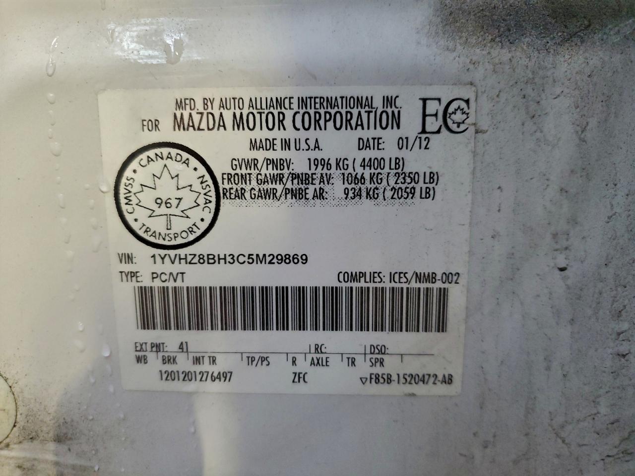 2012 Mazda 6 I VIN: 1YVHZ8BH3C5M29869 Lot: 91283555