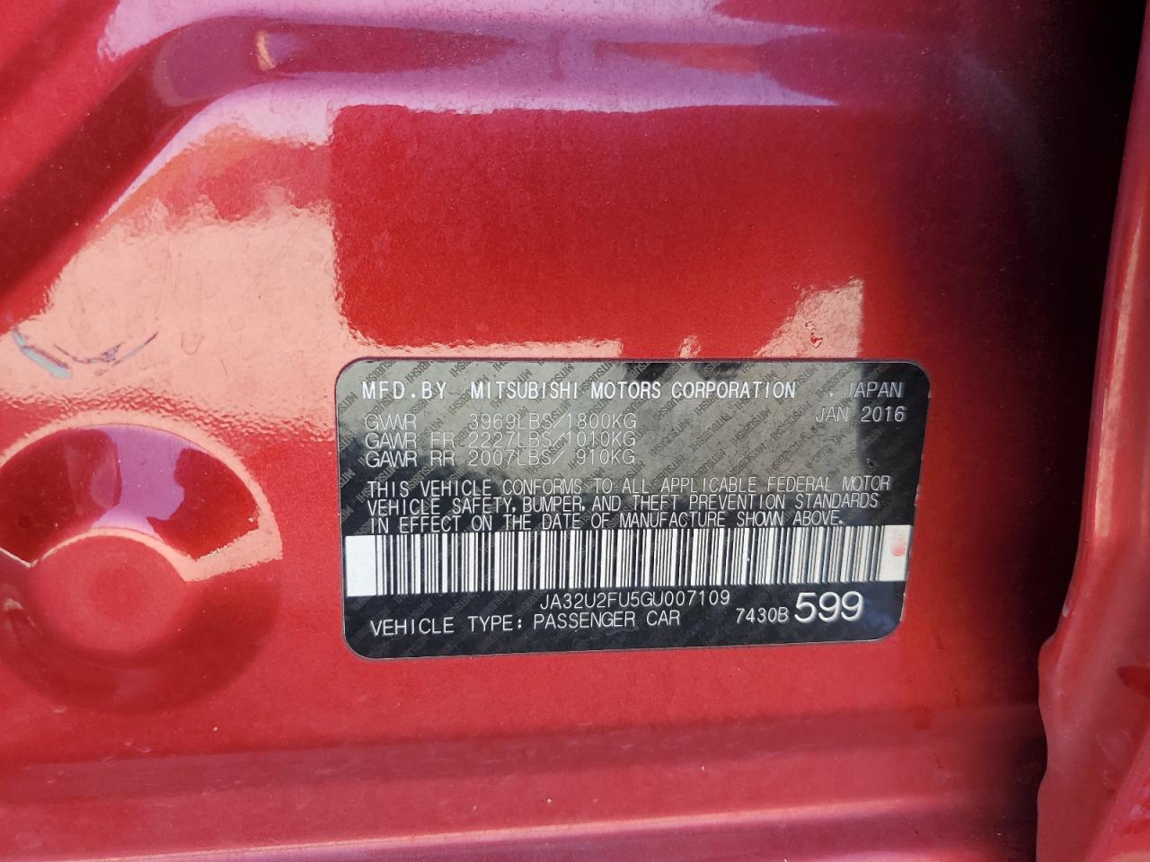 2016 Mitsubishi Lancer Es VIN: JA32U2FU5GU007109 Lot: 91785785