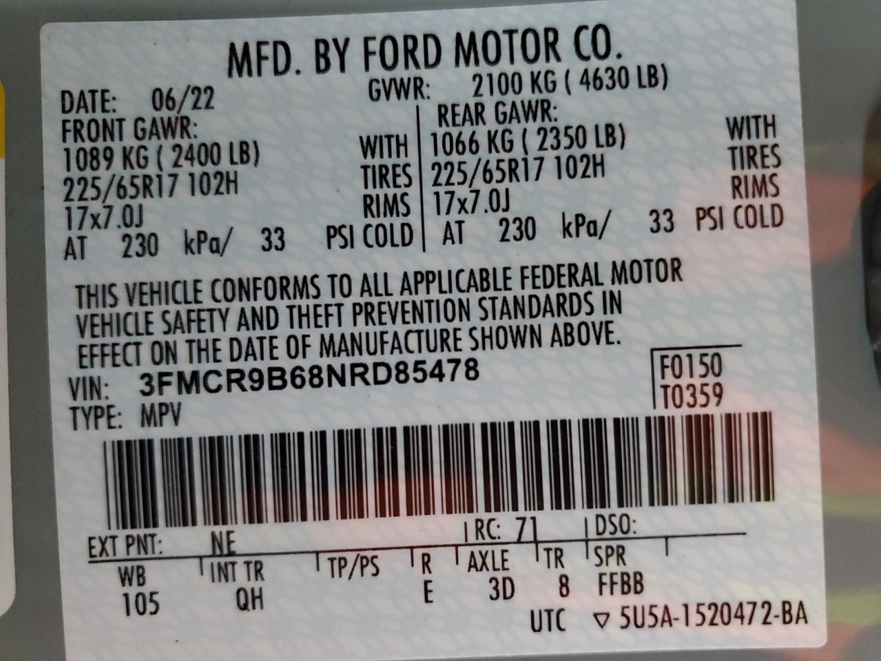 2022 Ford Bronco Sport Big Bend VIN: 3FMCR9B68NRD85478 Lot: 92876965