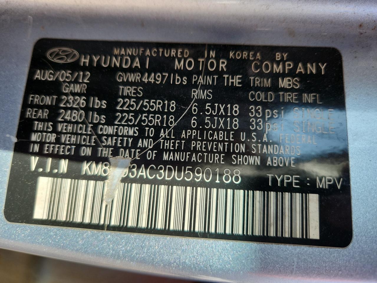 2013 Hyundai Tucson Gls VIN: KM8JU3AC3DU590188 Lot: 92202335