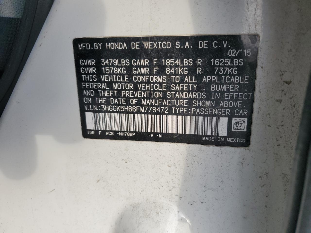 2015 Honda Fit Ex VIN: 3HGGK5H86FM778472 Lot: 92874065