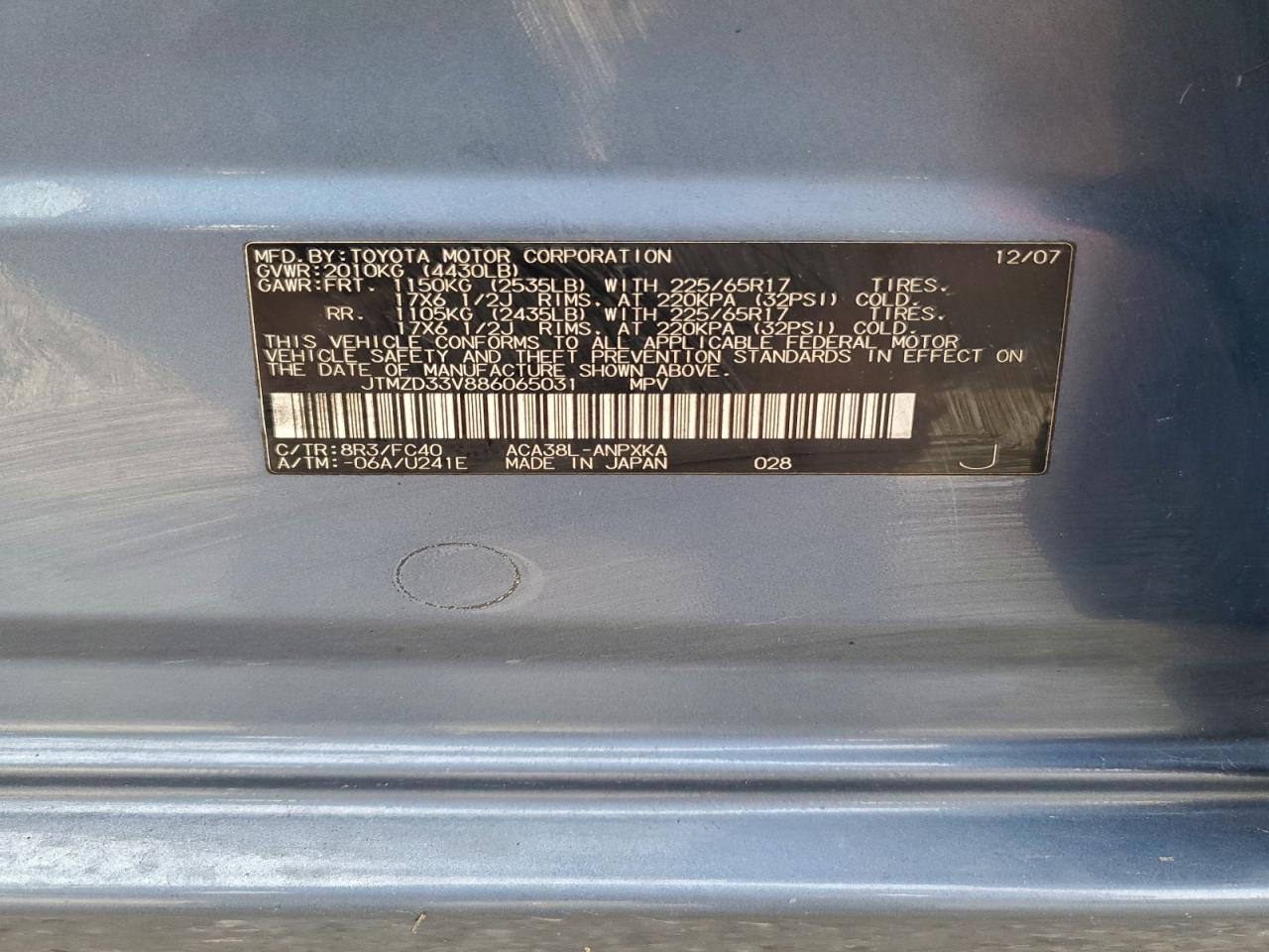 2008 Toyota Rav4 VIN: JTMZD33V886065031 Lot: 94085185