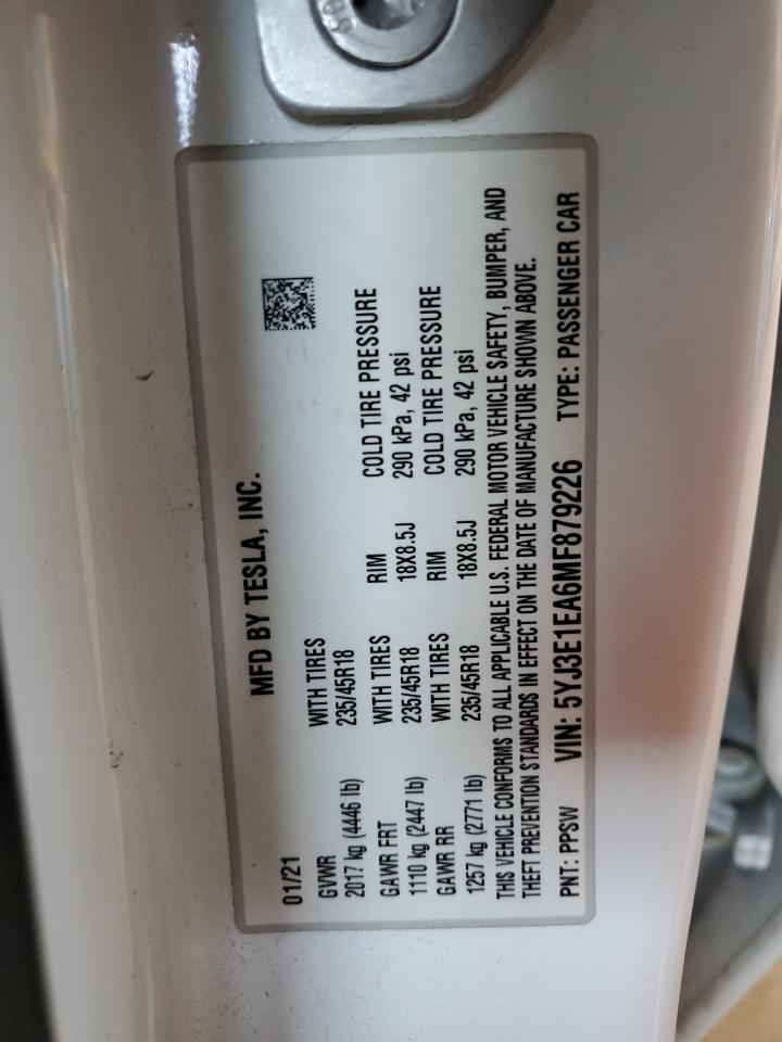 2021 Tesla Model 3 VIN: 5YJ3E1EA6MF879226 Lot: 92270575