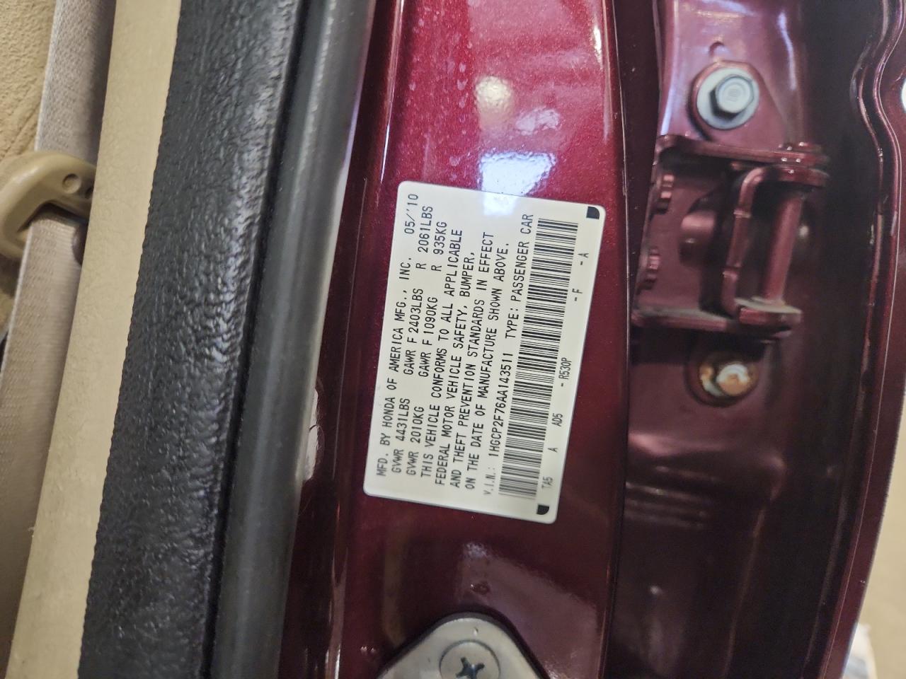 2010 Honda Accord Ex VIN: 1HGCP2F76AA143511 Lot: 92749905