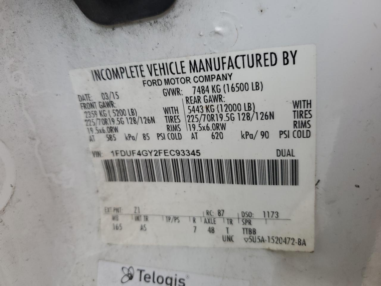 2015 Ford F450 Super Duty VIN: 1FDUF4GY2FEC93345 Lot: 92784145