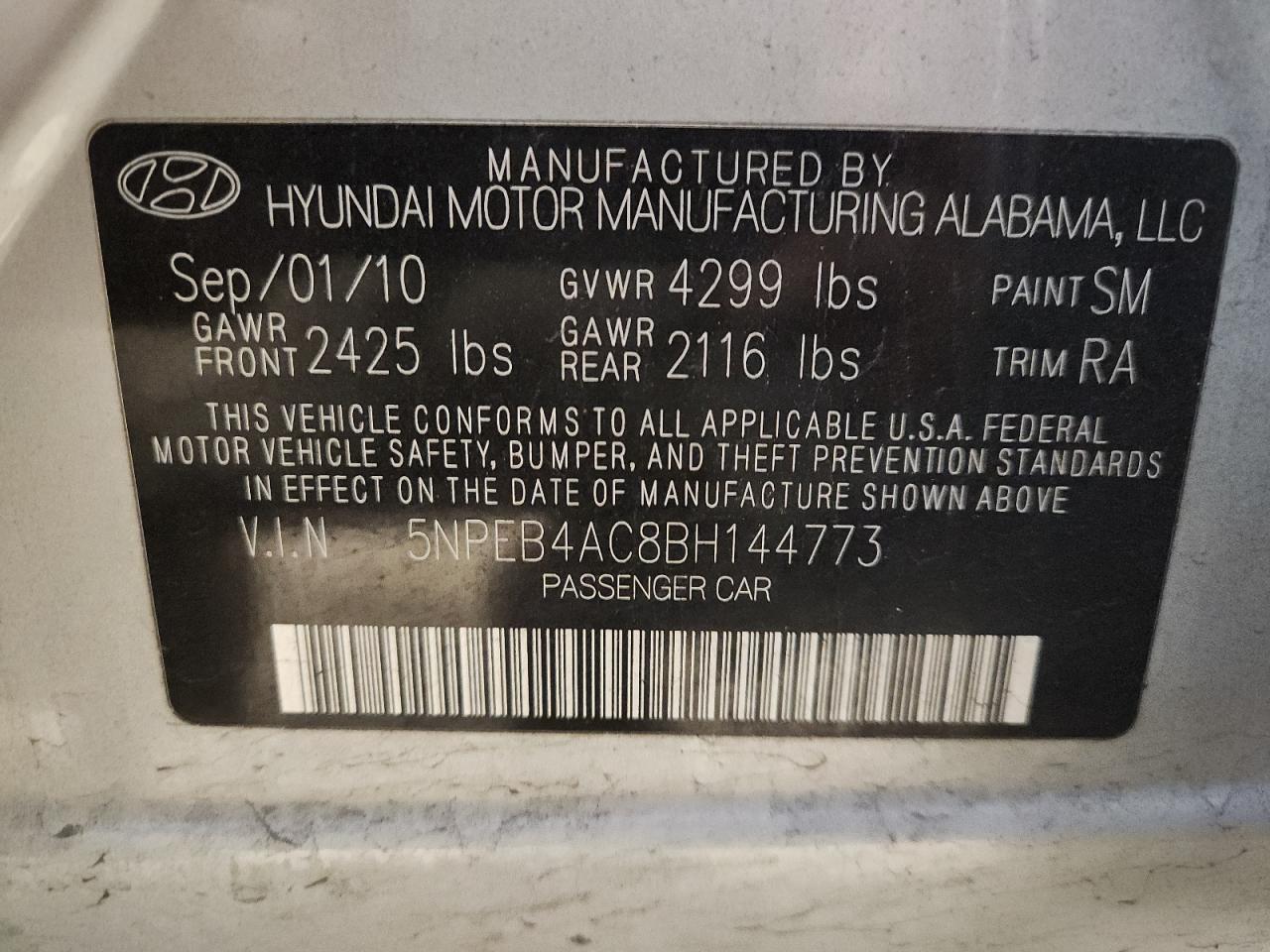 2011 Hyundai Sonata Gls VIN: 5NPEB4AC8BH144773 Lot: 89680345