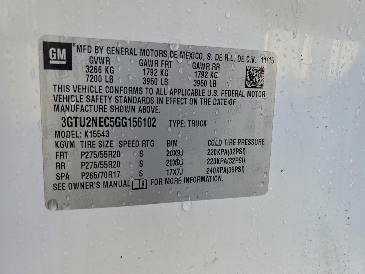 2016 GMC Sierra K1500 Slt VIN: 3GTU2NEC5GG156102 Lot: 93934695