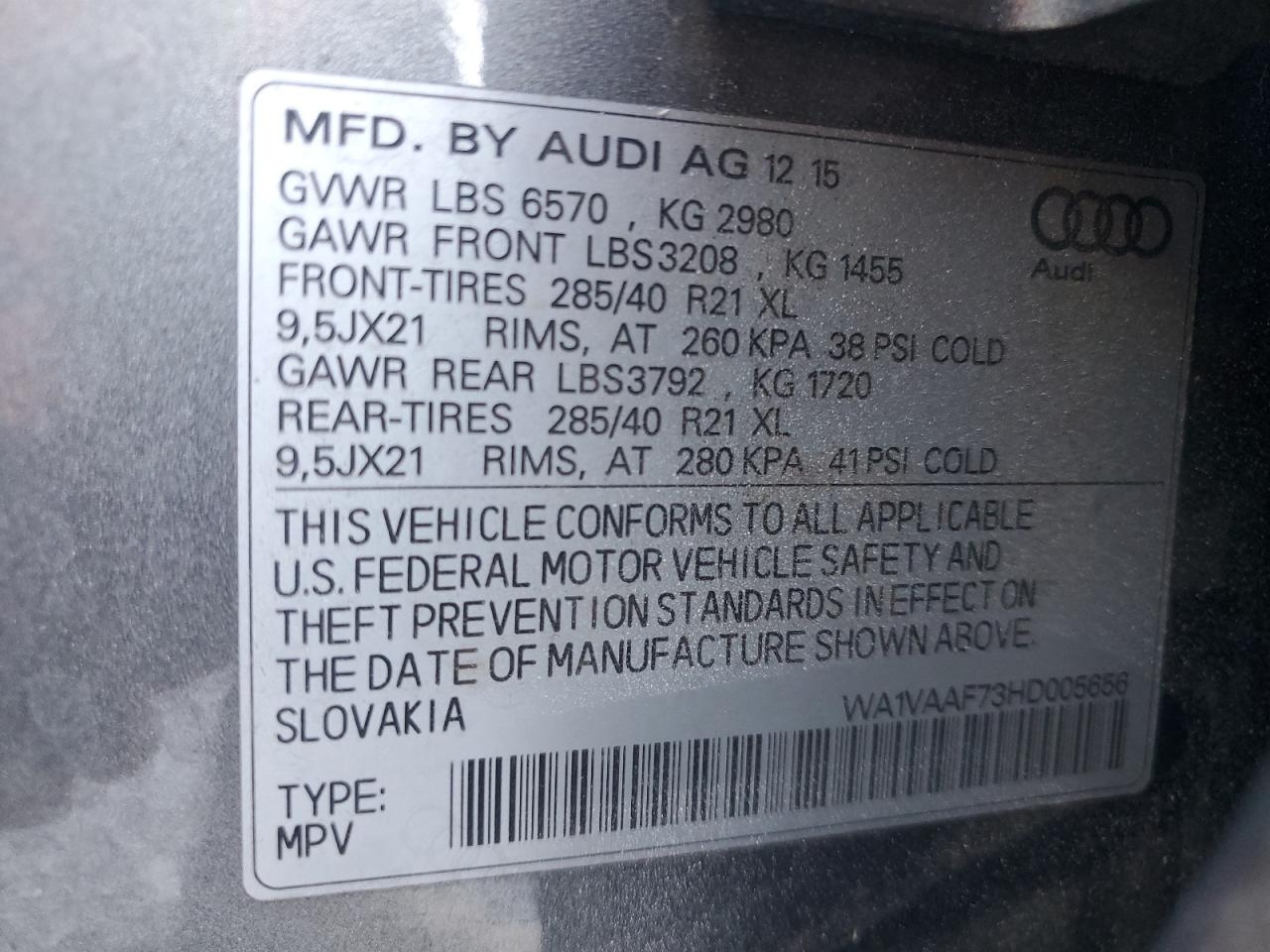 2017 Audi Q7 Prestige VIN: WA1VAAF73HD005656 Lot: 92413575