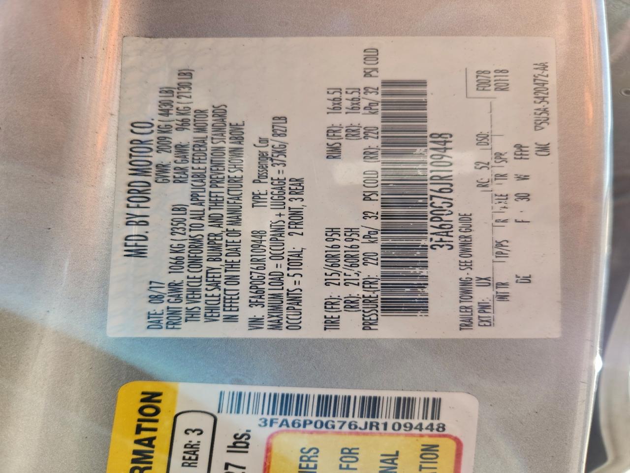 2018 Ford Fusion S VIN: 3FA6P0G76JR109448 Lot: 93974705