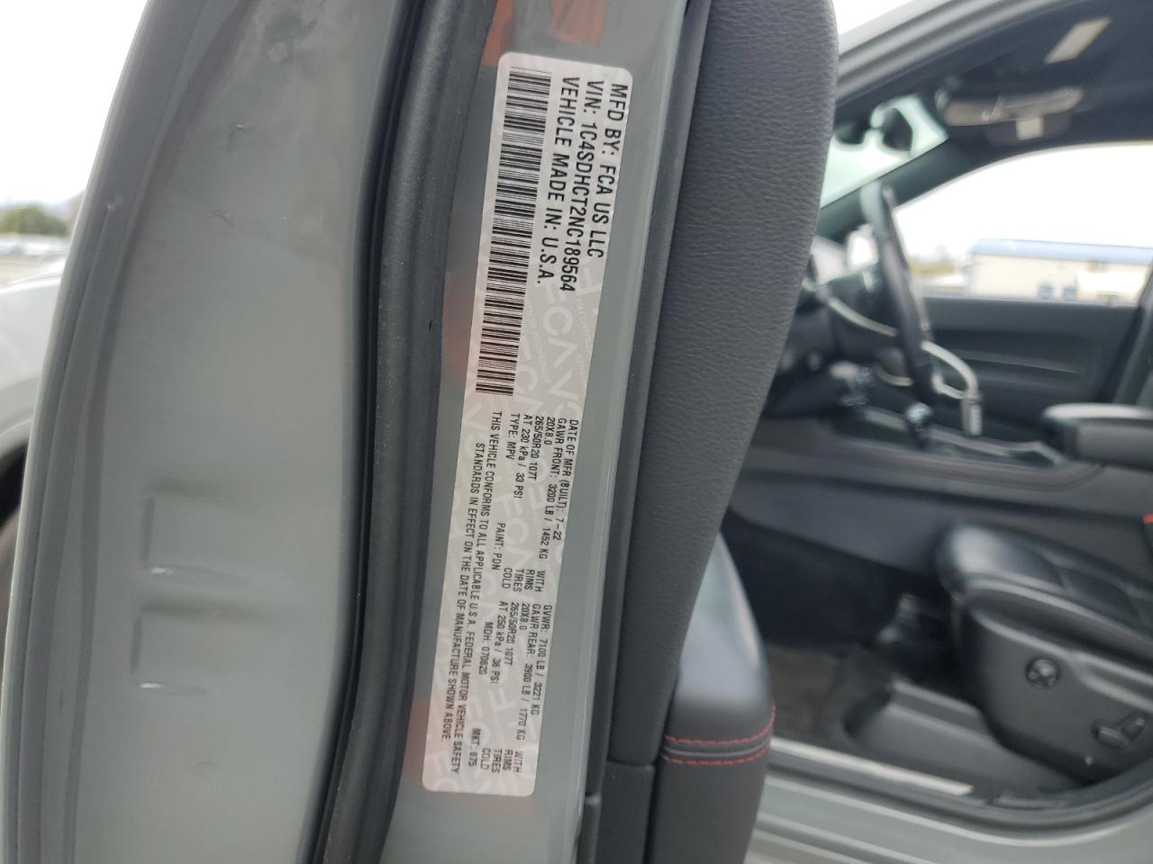 2022 Dodge Durango R/T VIN: 1C4SDHCT2NC189564 Lot: 92366005