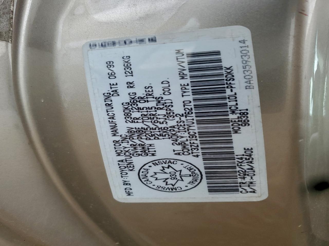 2000 Toyota Sienna Ce VIN: 4T3ZF19C7YU176270 Lot: 94343375