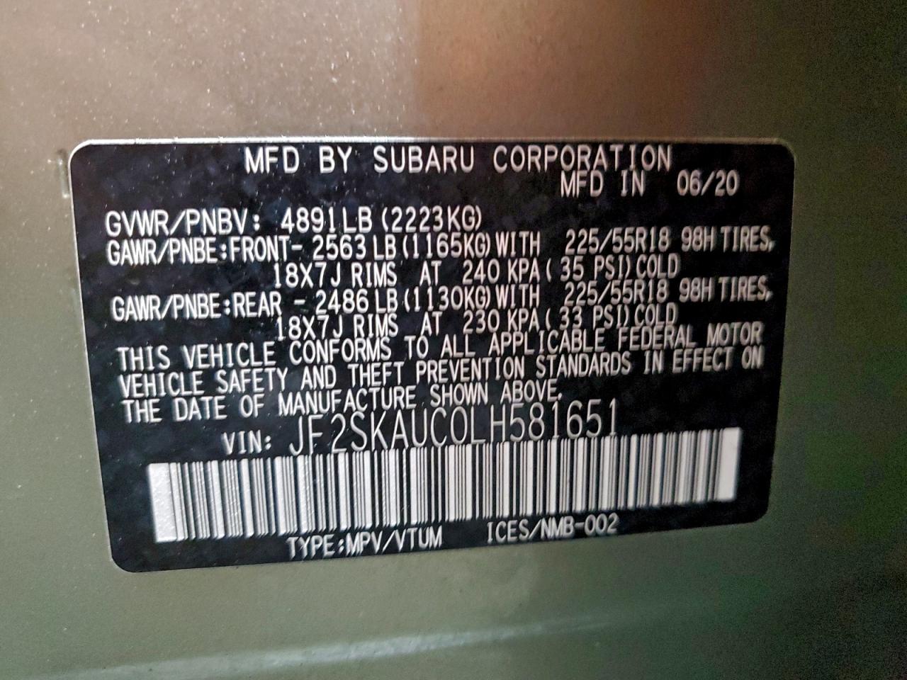 2020 Subaru Forester Limited VIN: JF2SKAUC0LH581651 Lot: 66187054