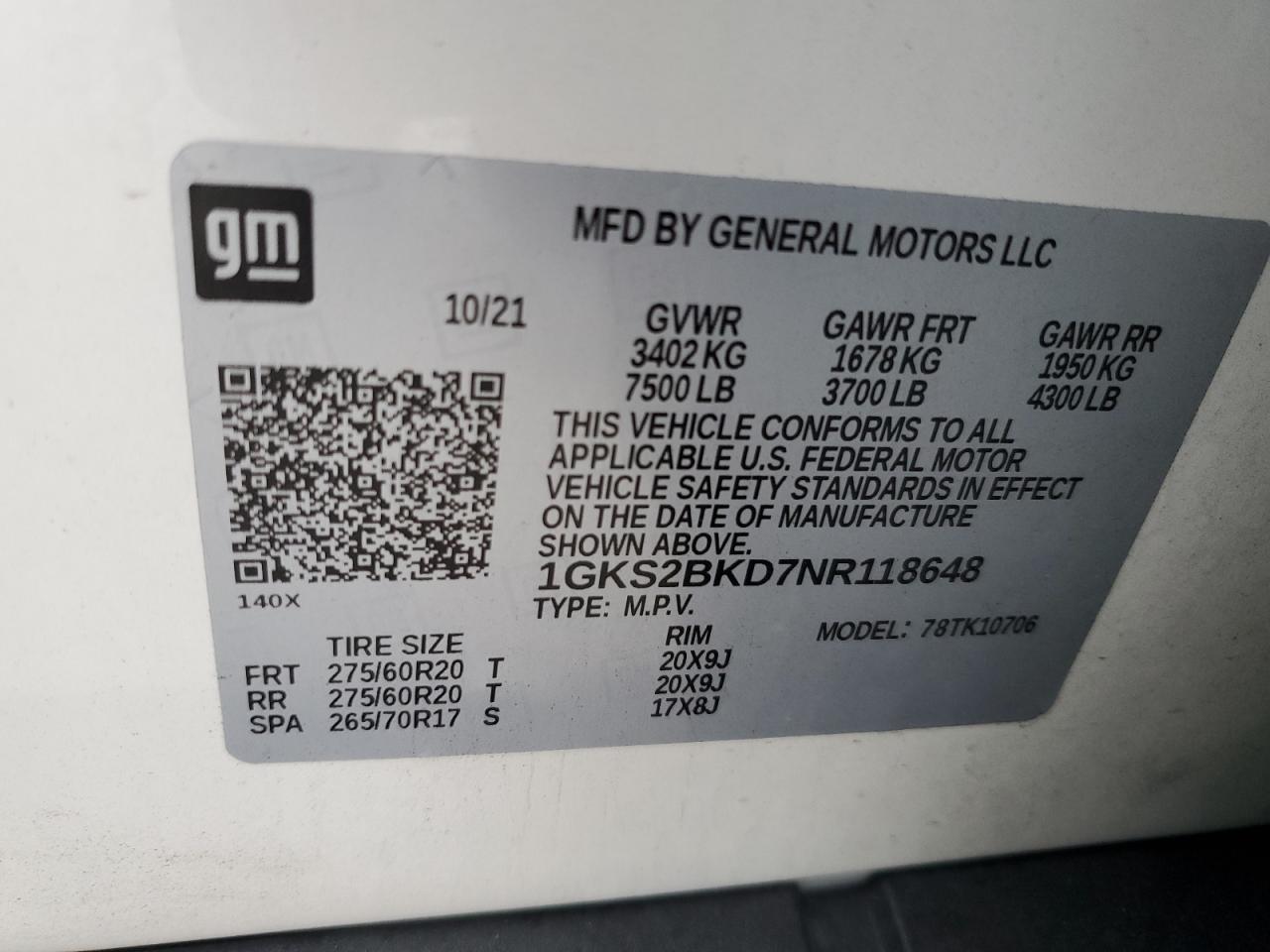 2022 GMC Yukon Slt VIN: 1GKS2BKD7NR118648 Lot: 93446685