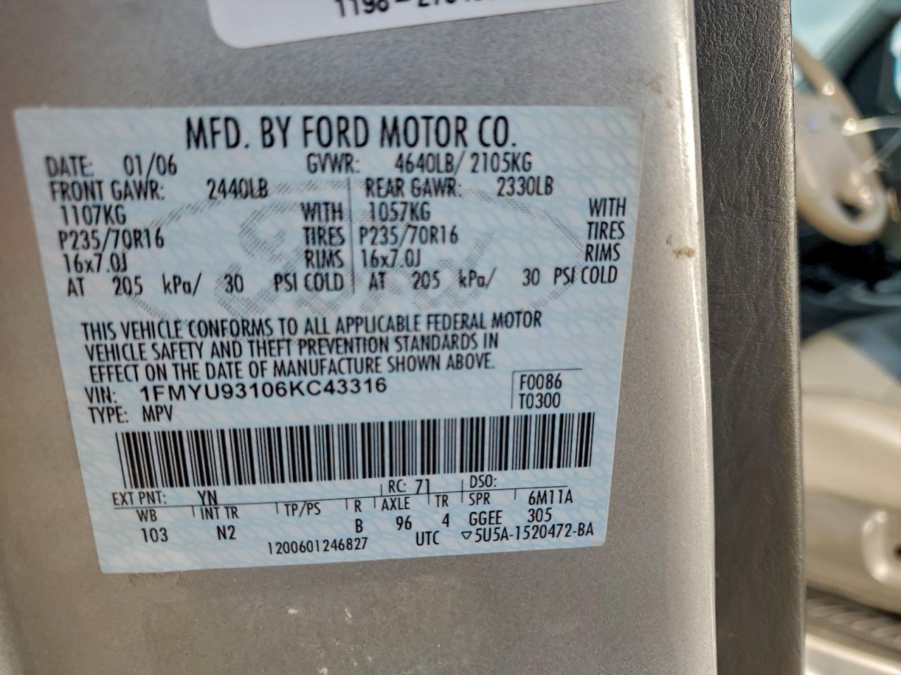 2006 Ford Escape Xlt VIN: 1FMYU93106KC43316 Lot: 93957845