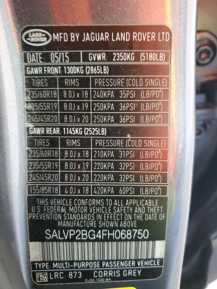 2015 Land Rover Range Rover Evoque Pure Plus VIN: SALVP2BG4FH068750 Lot: 91480345