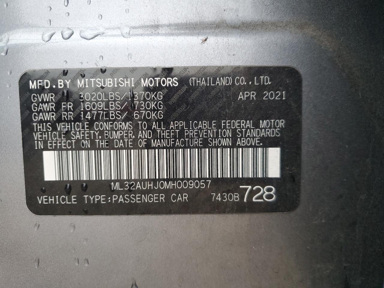 2021 Mitsubishi Mirage Es VIN: ML32AUHJ0MH009057 Lot: 93102325