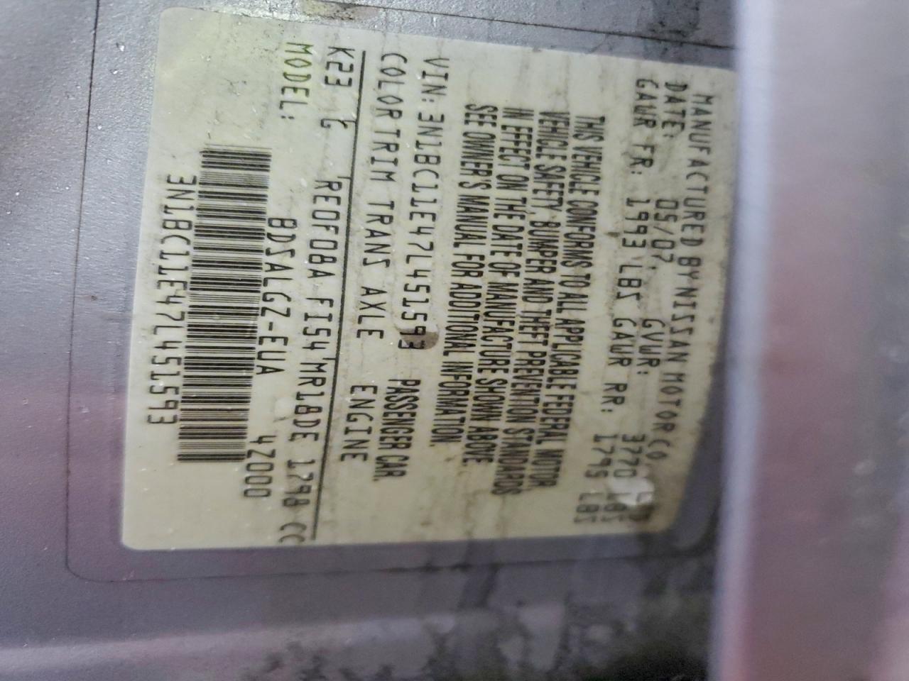 2007 Nissan Versa S VIN: 3N1BC11E47L451593 Lot: 93910705