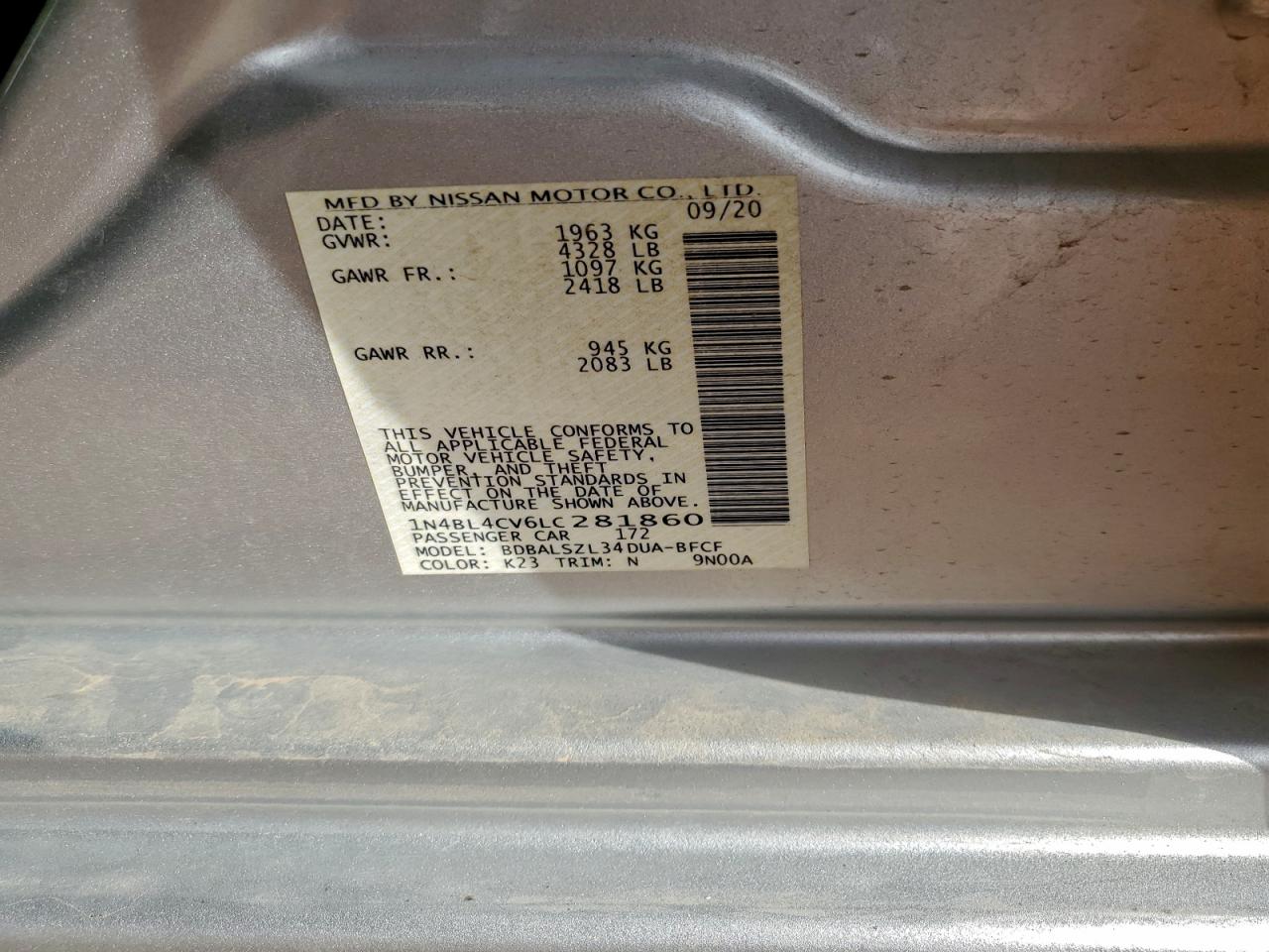 2020 Nissan Altima Sr VIN: 1N4BL4CV6LC281860 Lot: 93896655