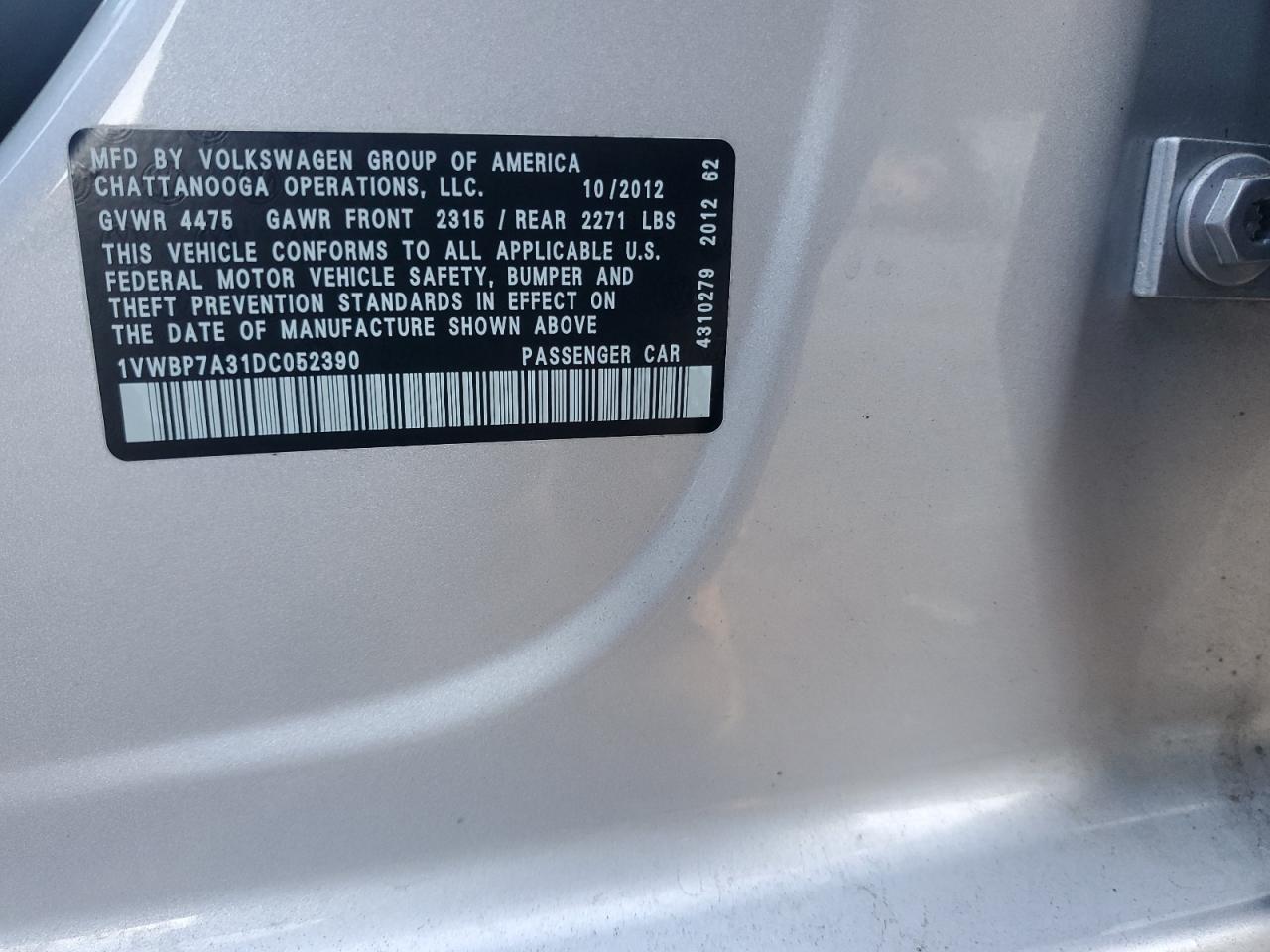 2013 Volkswagen Passat Se VIN: 1VWBP7A31DC052390 Lot: 92851195
