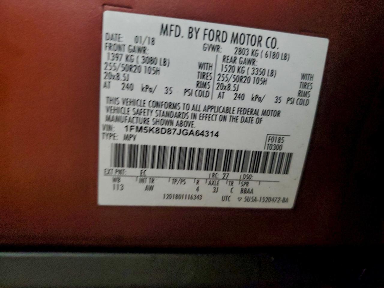 2018 Ford Explorer Xlt VIN: 1FM5K8D87JGA64314 Lot: 93387955