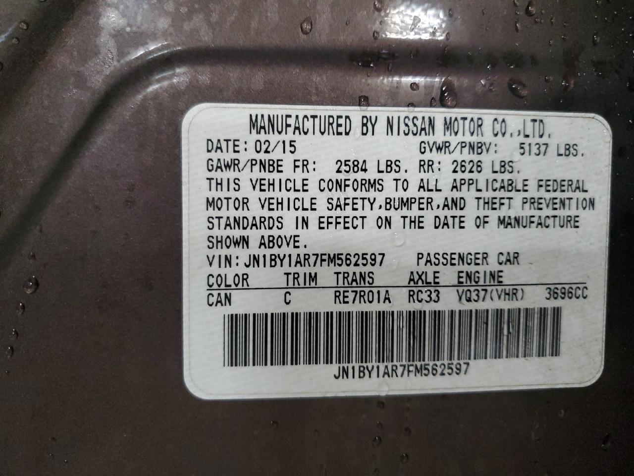 2015 Infiniti Q70 3.7 VIN: JN1BY1AR7FM562597 Lot: 91689505