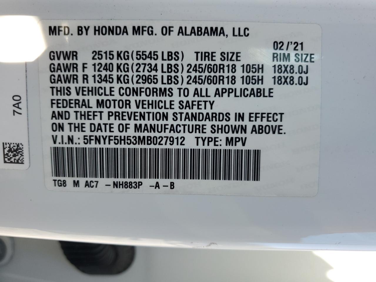 2021 Honda Pilot Exl VIN: 5FNYF5H53MB027912 Lot: 91164925