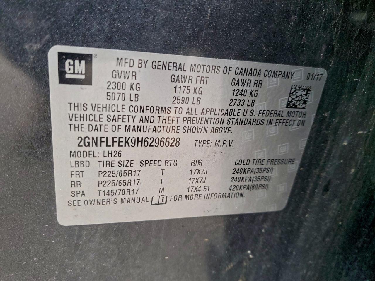 2017 Chevrolet Equinox Lt VIN: 2GNFLFEK9H6296628 Lot: 93761035