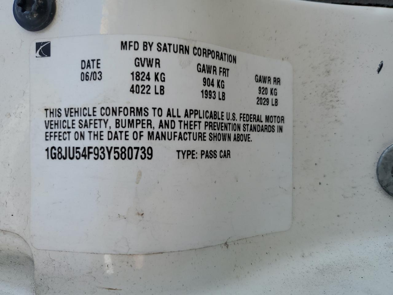 2003 Saturn L200 VIN: 1G8JU54F93Y580739 Lot: 90999965