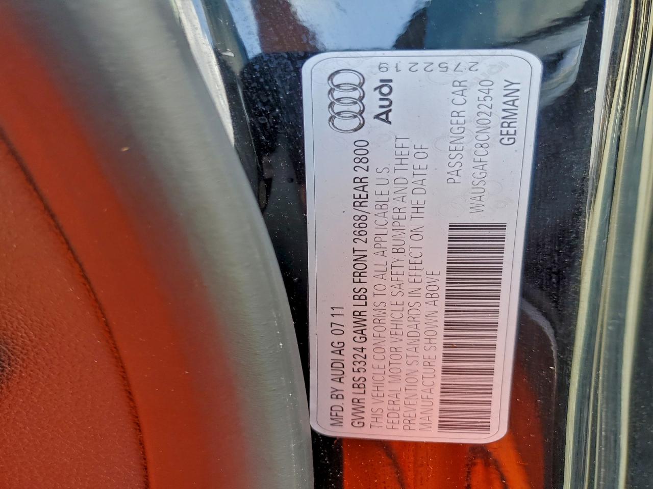 2012 Audi A7 Prestige VIN: WAUSGAFC8CN022540 Lot: 93811145