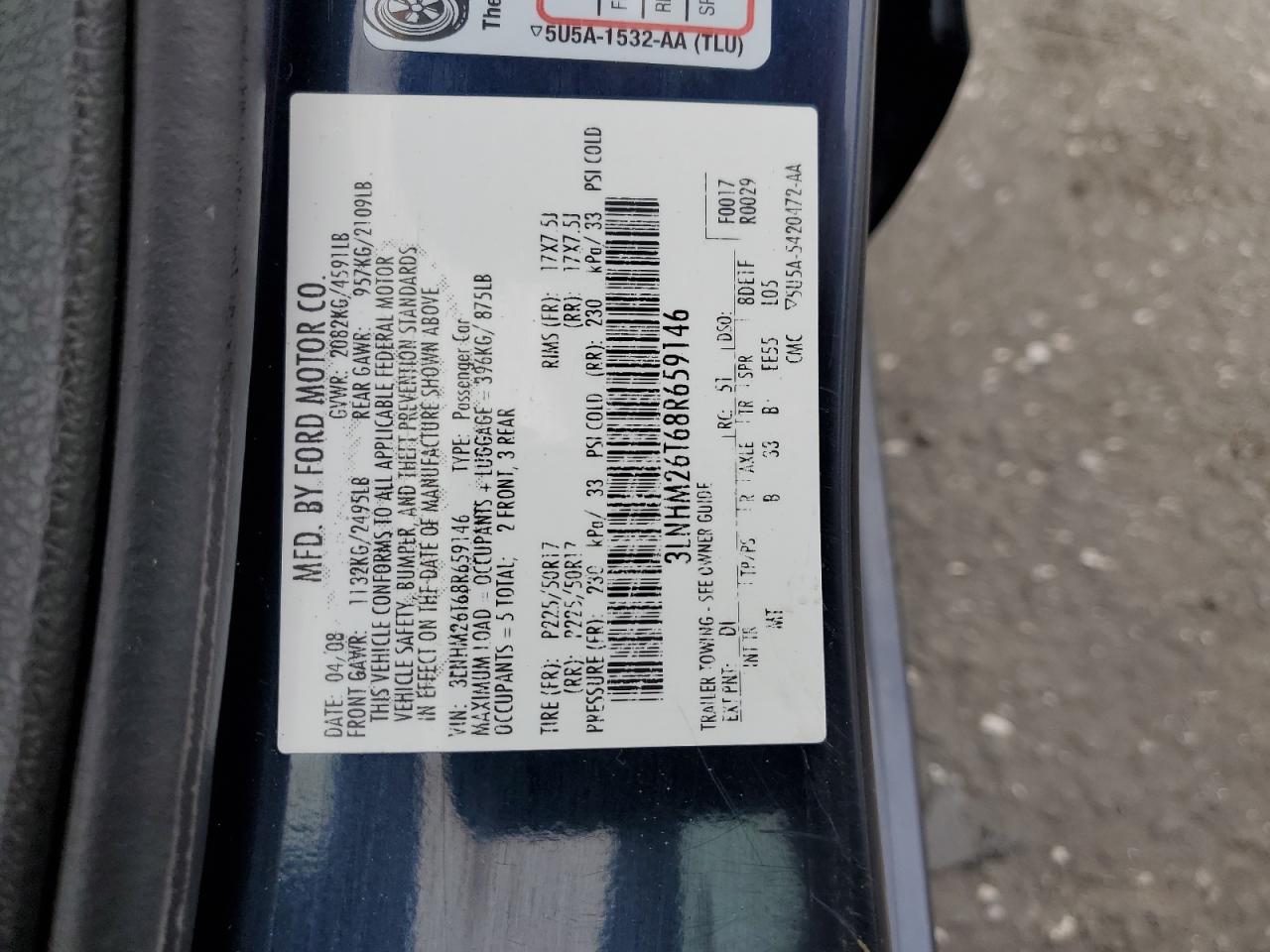 2008 Lincoln Mkz VIN: 3LNHM26T68R659146 Lot: 93317595