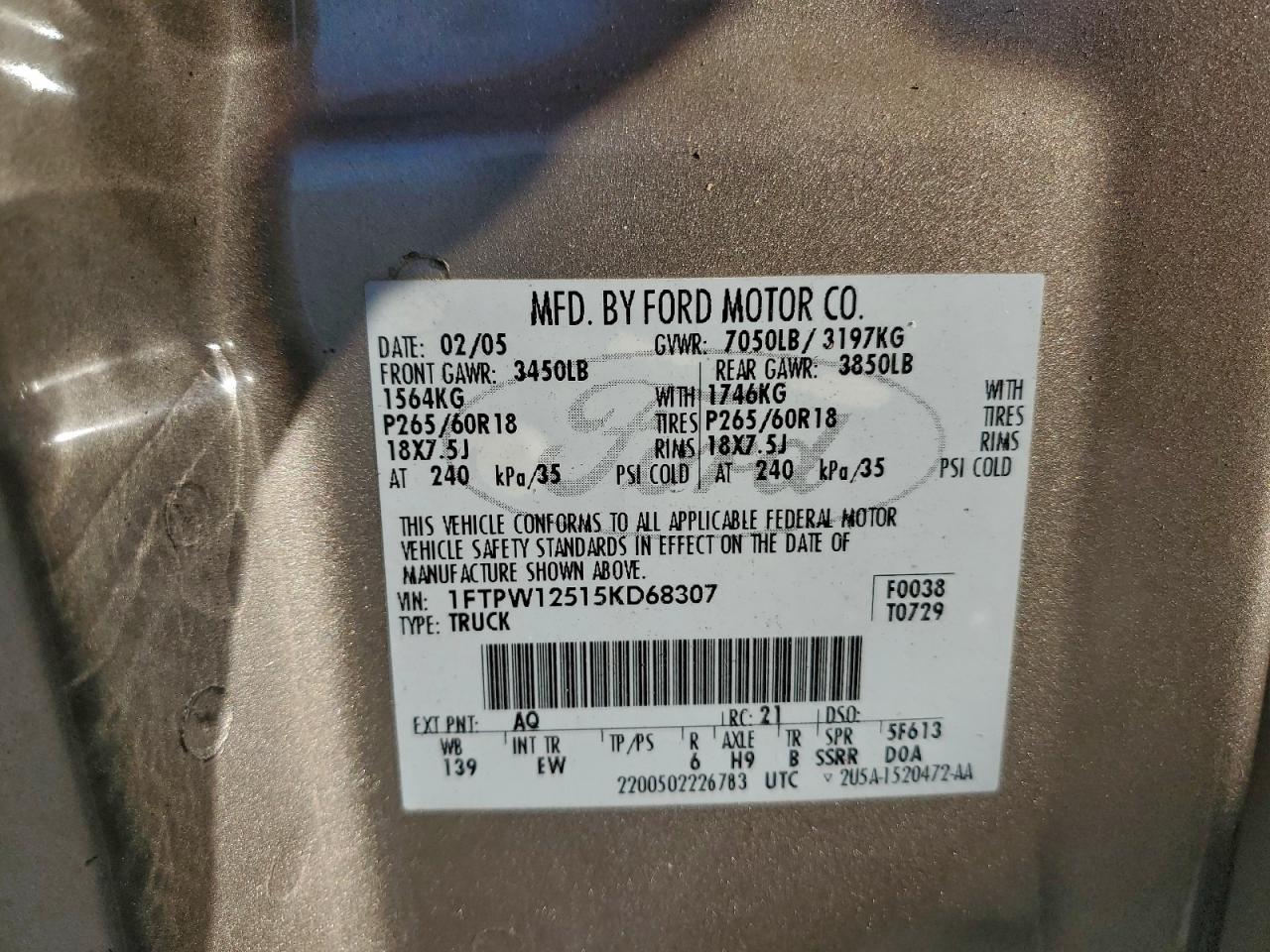 2005 Ford F150 Supercrew VIN: 1FTPW12515KD68307 Lot: 94255785