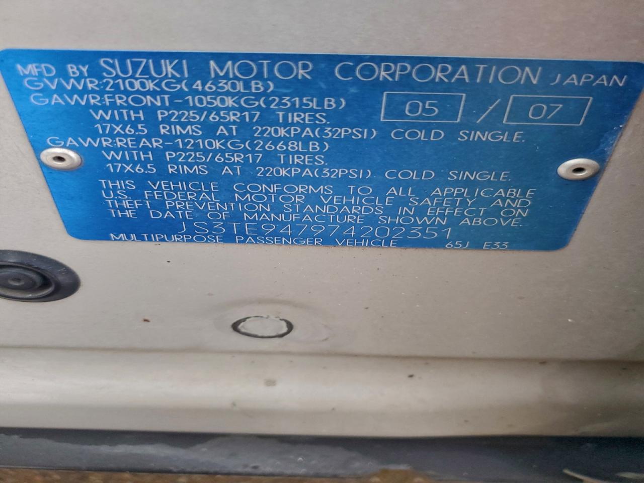 2007 Suzuki Grand Vitara Luxury VIN: JS3TE947974202351 Lot: 93751635