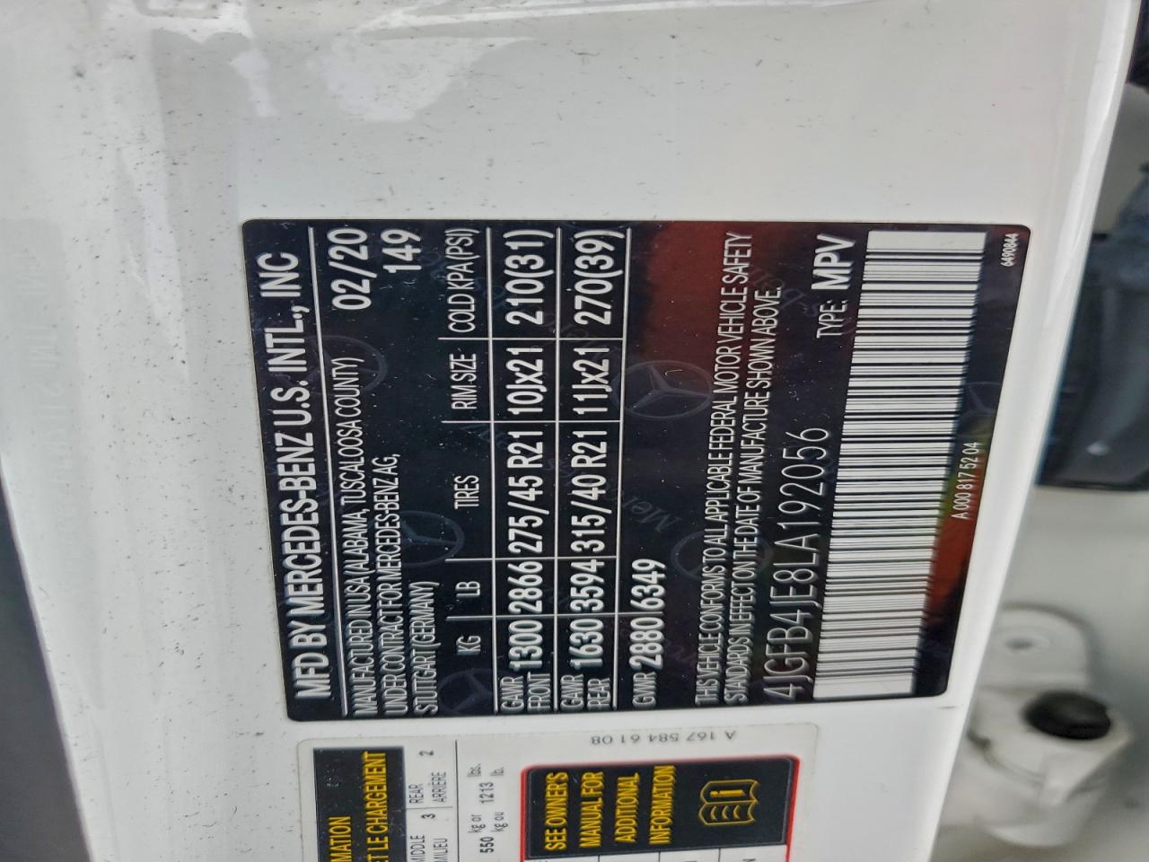 2020 Mercedes-Benz Gle 350 VIN: 4JGFB4JE8LA192056 Lot: 93502745