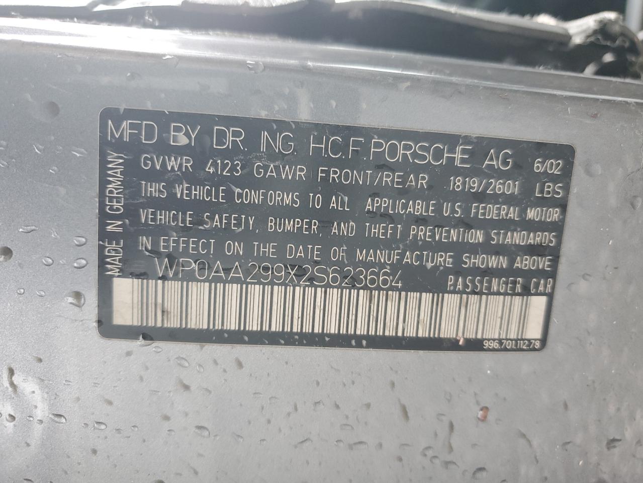 2002 Porsche 911 Carrera 2 VIN: WP0AA299X2S623664 Lot: 92870985