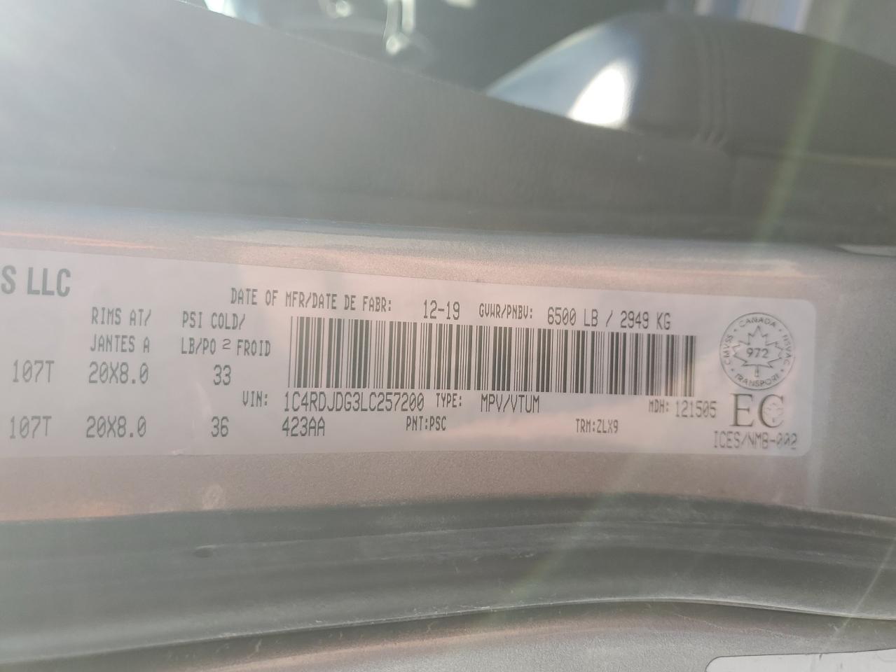 2020 Dodge Durango Gt VIN: 1C4RDJDG3LC257200 Lot: 92689665