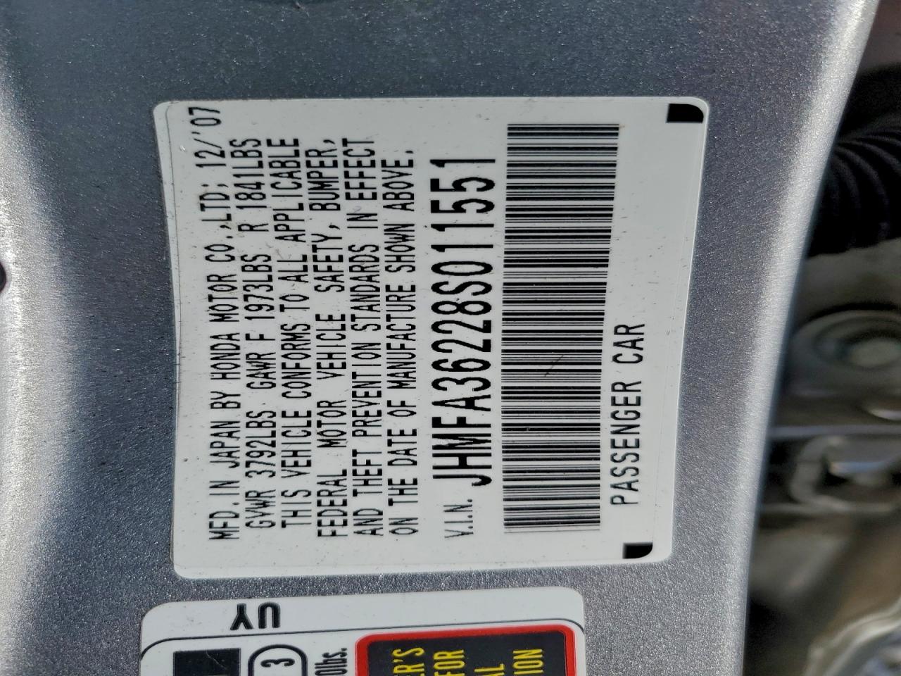 2008 Honda Civic Hybrid VIN: JHMFA36228S011551 Lot: 94538655