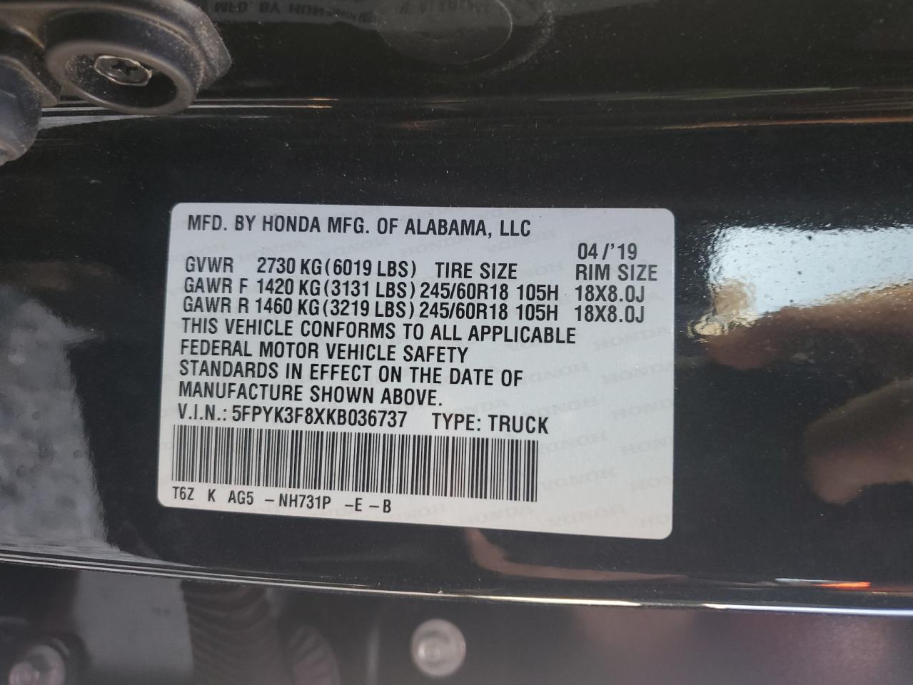 2019 Honda Ridgeline Black Edition VIN: 5FPYK3F8XKB036737 Lot: 91584395