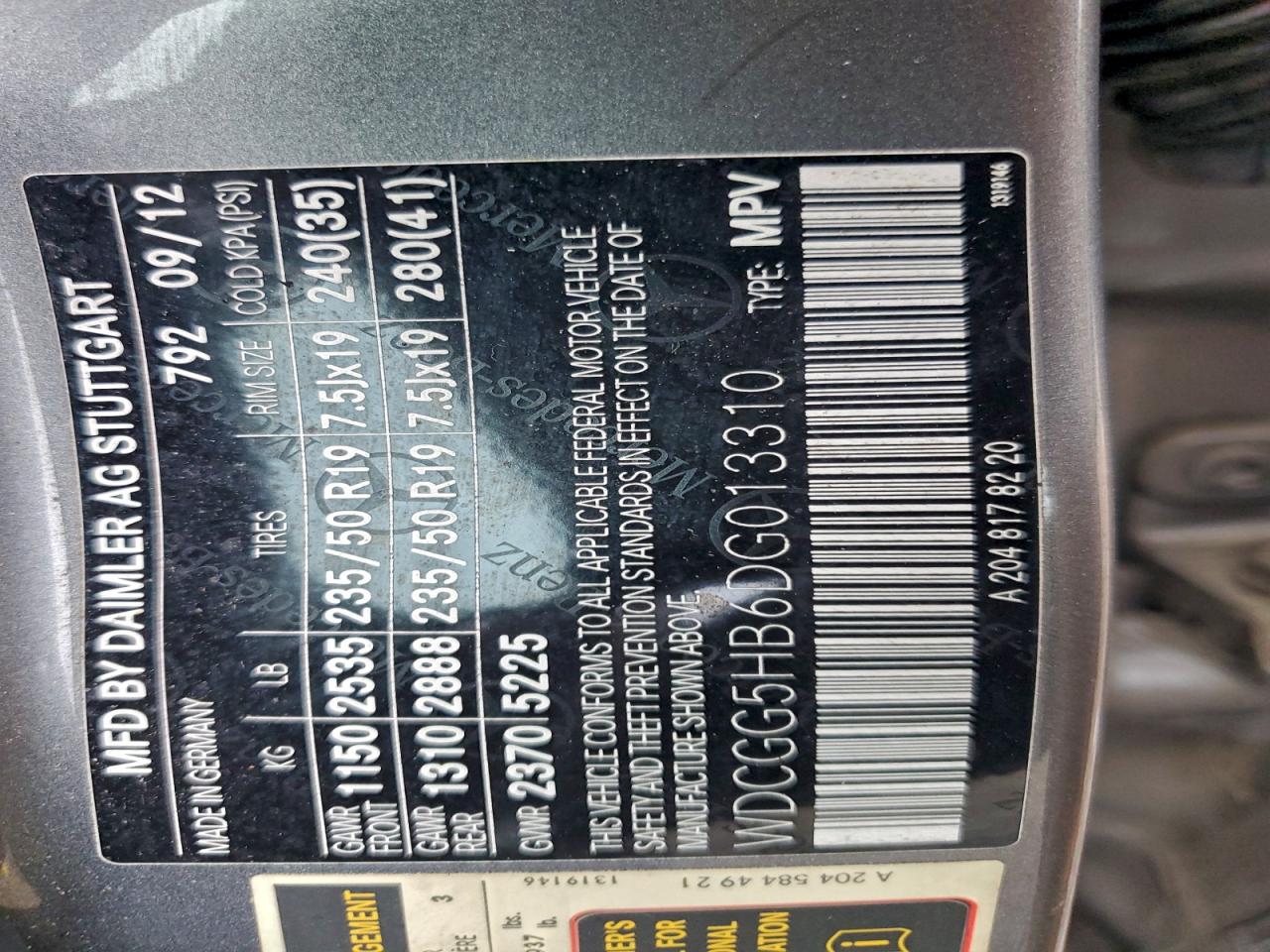 2013 Mercedes-Benz Glk 350 VIN: WDCGG5HB6DG013310 Lot: 94417265