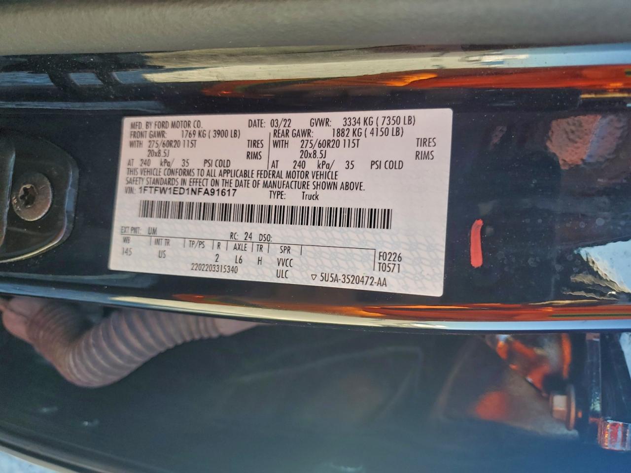 2022 Ford F150 Supercrew VIN: 1FTFW1ED1NFA91617 Lot: 93963475