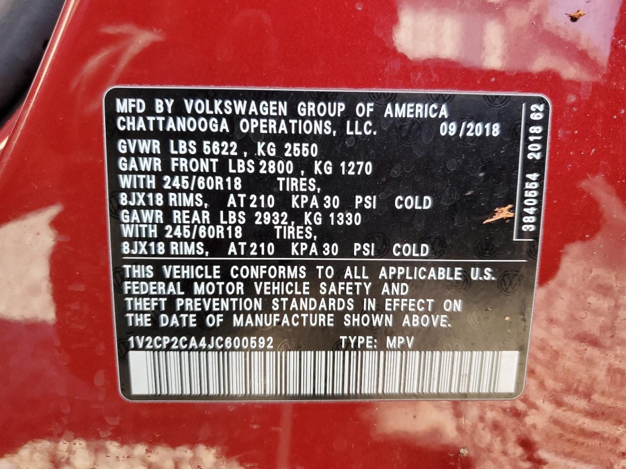 2018 Volkswagen Atlas Se VIN: 1V2CP2CA4JC600592 Lot: 92564285