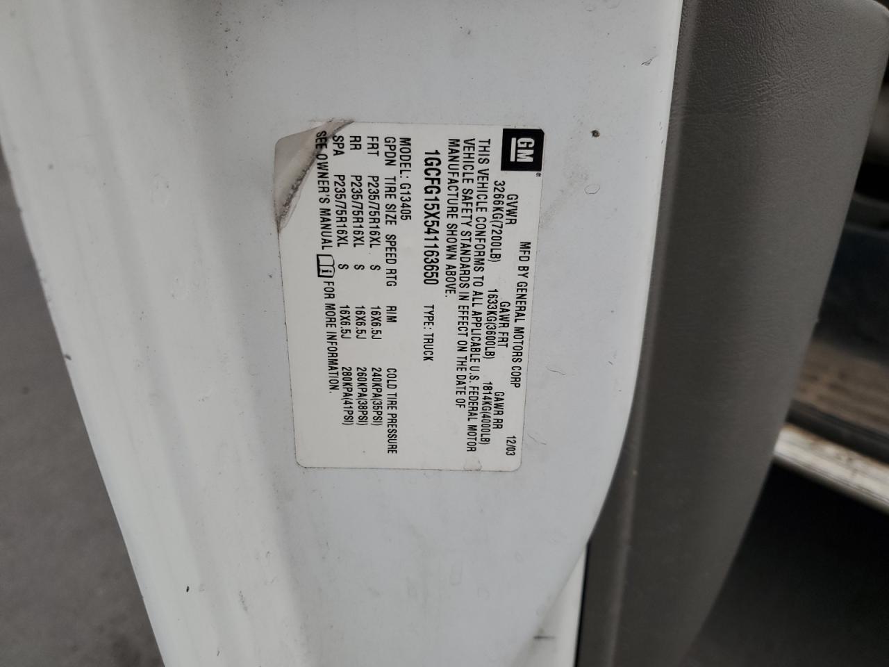 2004 Chevrolet Express G1500 VIN: 1GCFG15X541163650 Lot: 92534295