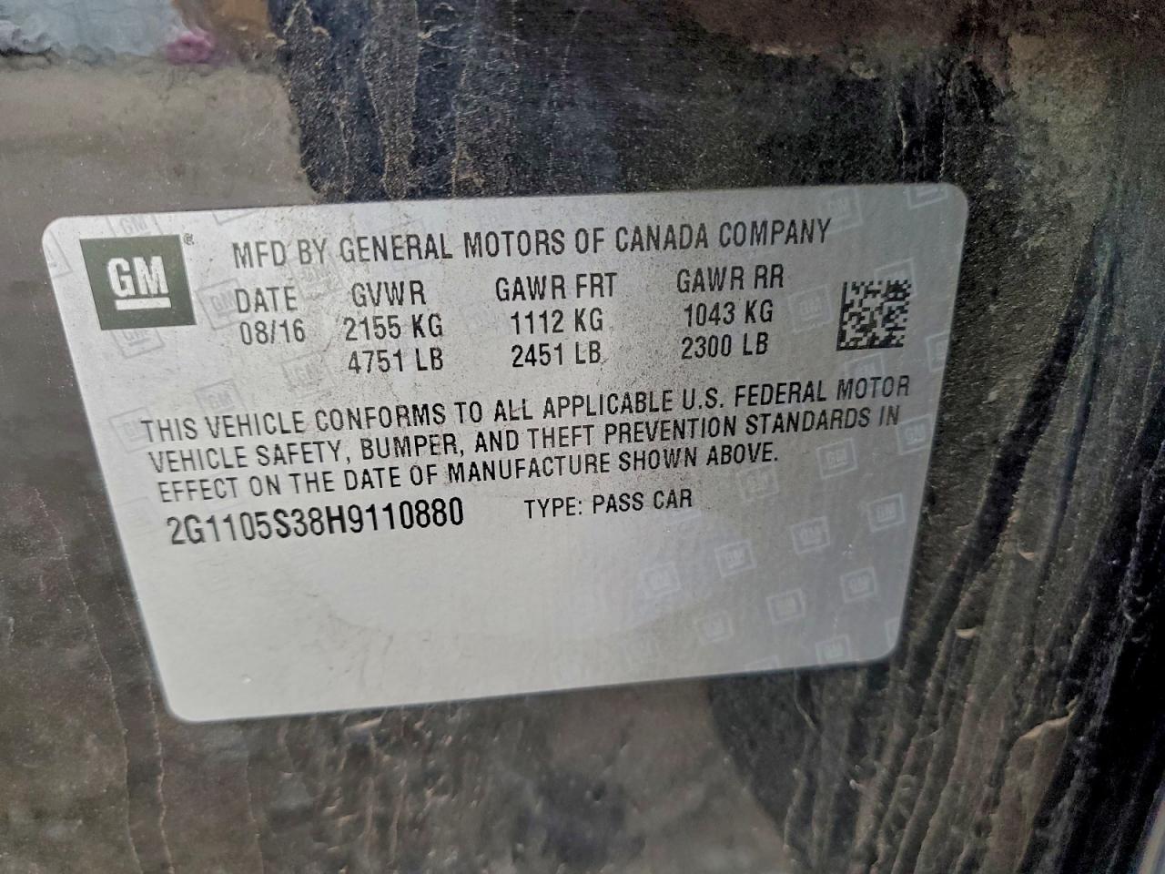 2017 Chevrolet Impala Lt VIN: 2G1105S38H9110880 Lot: 93768575